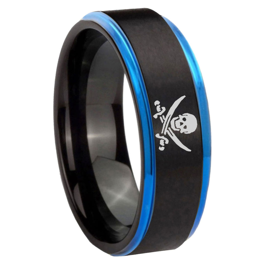 8mm Skull Pirate Blue Step Edge Black Tungsten Mens Ring