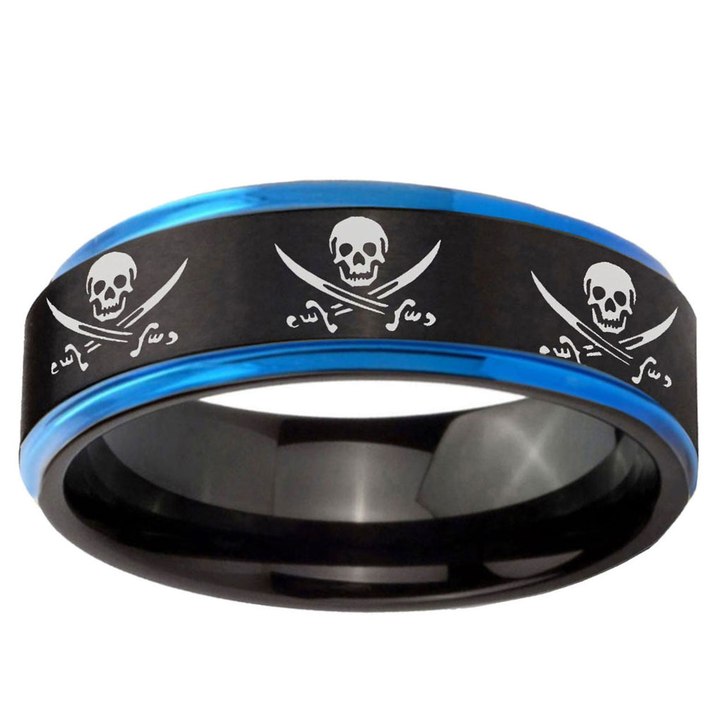5mm Multiple Skull Pirate Blue Step Edge Black Tungsten Ring
