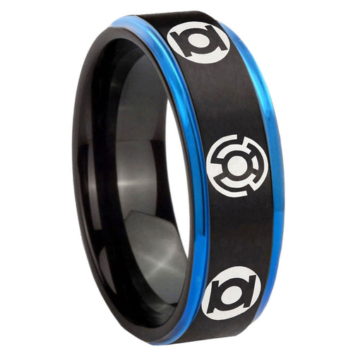 8mm Blue Green Lantern Blue Step Edge Black Tungsten Ring