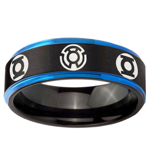 5mm Blue Green Lantern Blue Step Edge Black Tungsten Ring