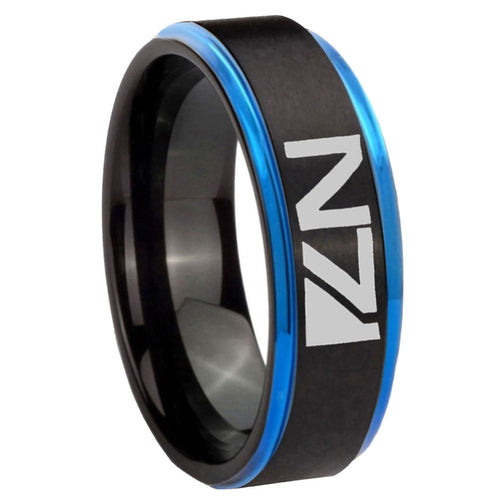 10mm N7 Design Blue Step Edges Brushed Tungsten Carbide Mens Promise Ring
