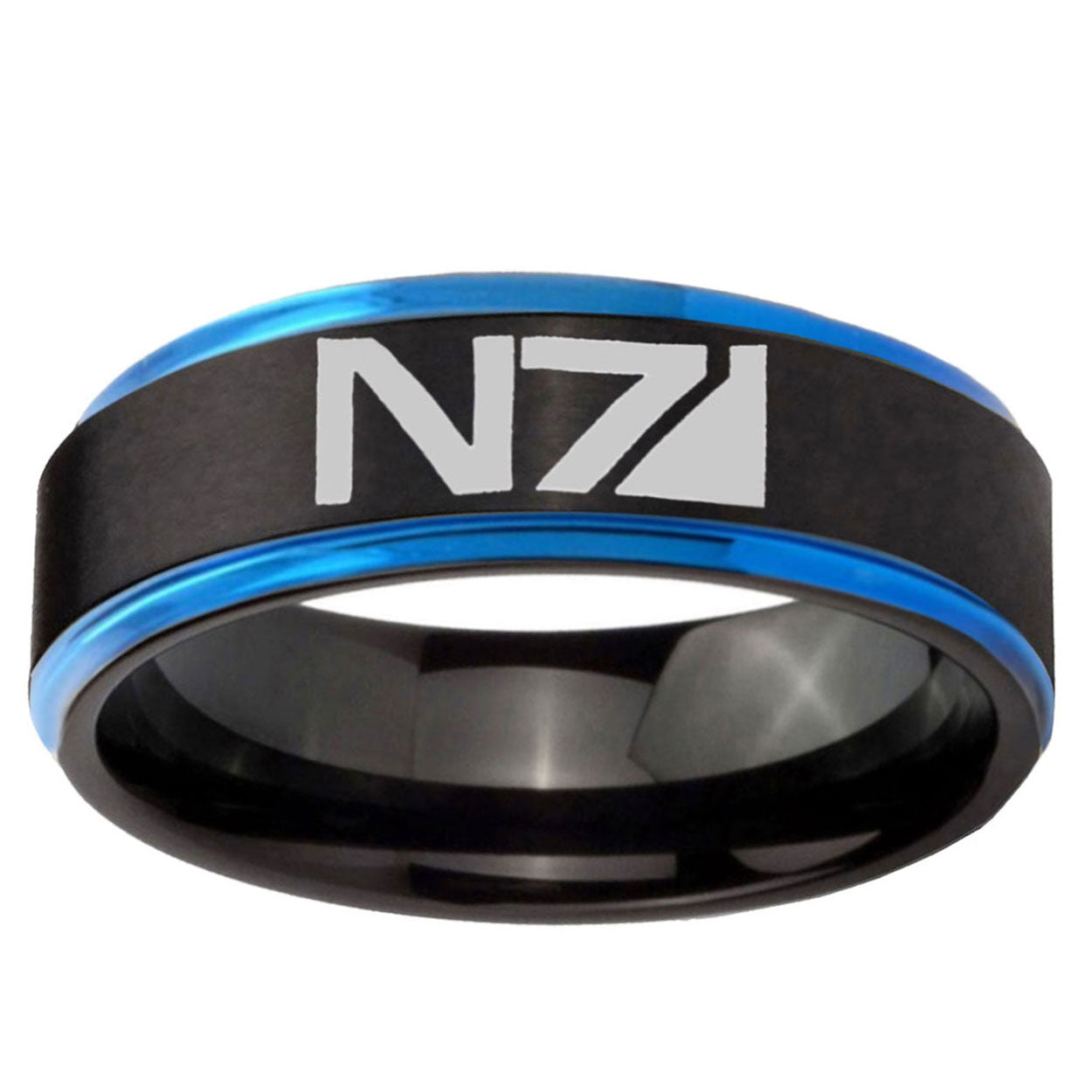 10mm N7 Design Blue Step Edge Brushed Tungsten Ring