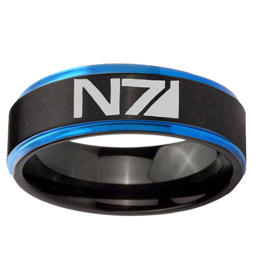 10mm N7 Design Blue Step Edge Brushed Tungsten Ring