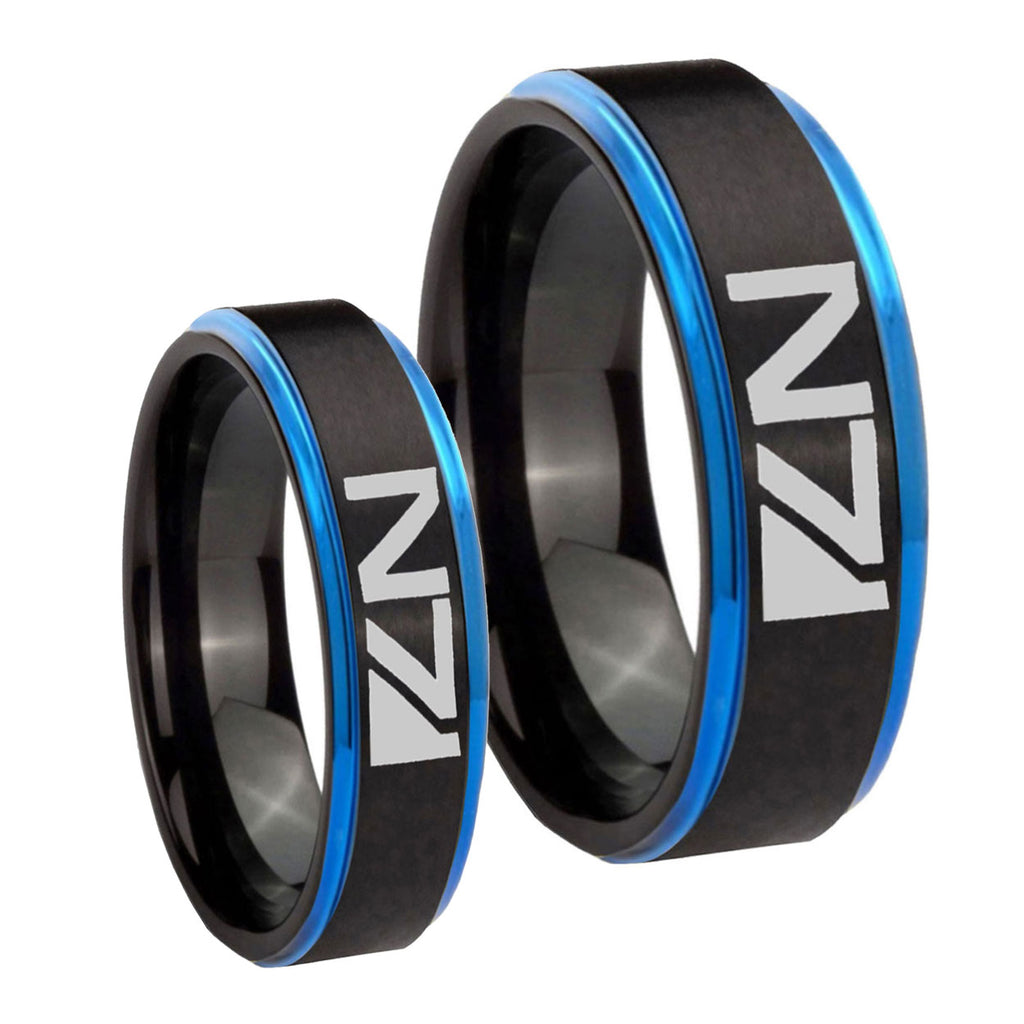 N7 Design Blue Step Edges Tungsten Bridal Set Rings