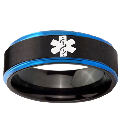 5mm Medical Alert Blue Step Edge Black Tungsten Mens Ring