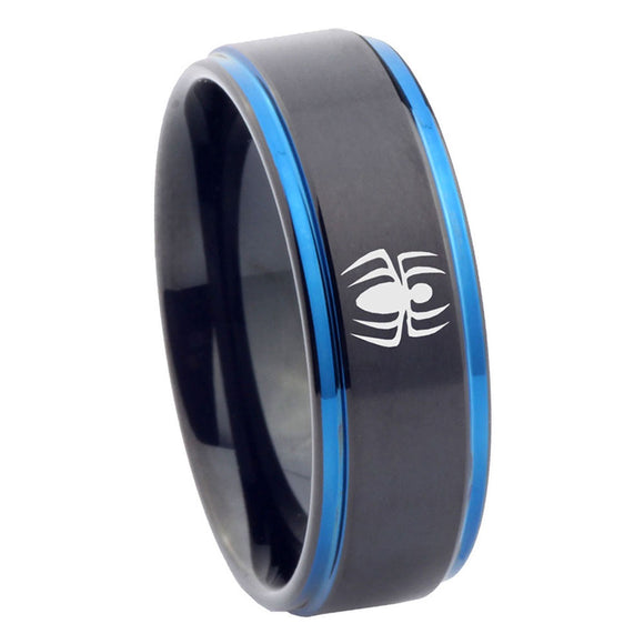 8mm Spiderman Step Edge Black Blue Tungsten Mens Ring