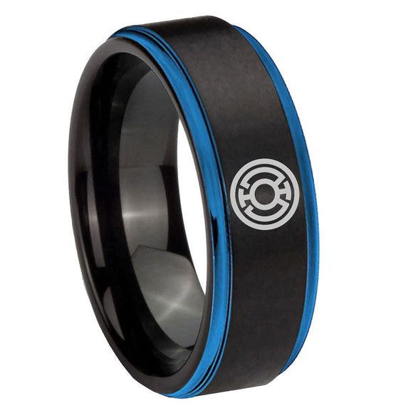 8mm Blue Lantern Step Edge Black Blue Mens Tungsten Rings