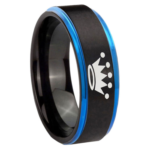 8mm Crown Blue Step Edge Black Tungsten Mens Wedding Ring