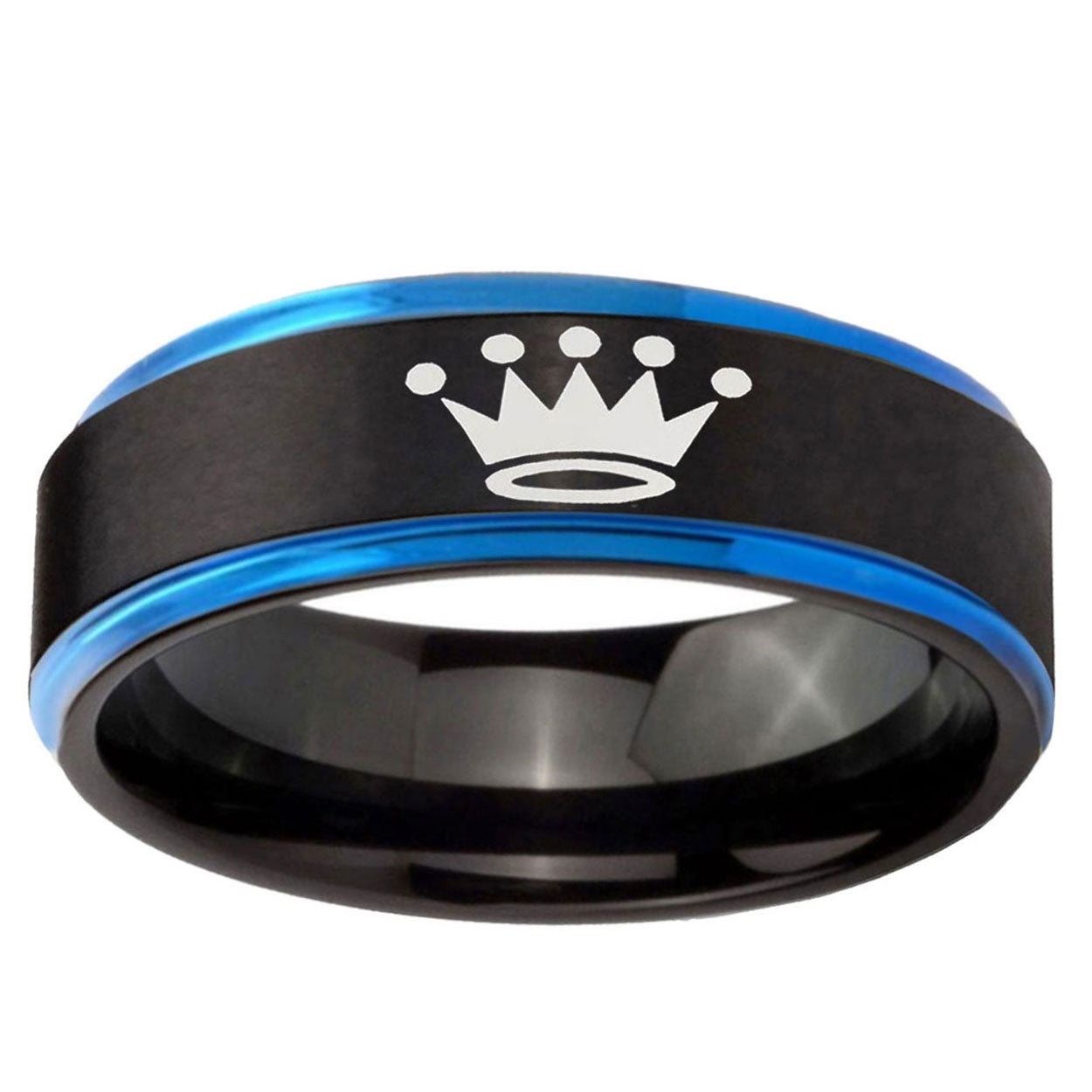 5mm Crown Blue Step Edge Black Tungsten Mens Wedding Ring