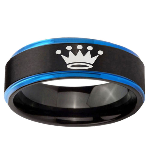 5mm Crown Blue Step Edge Black Tungsten Mens Wedding Ring