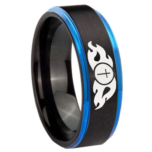 8mm Flamed Cross Blue Step Edge Black Tungsten Promise Ring