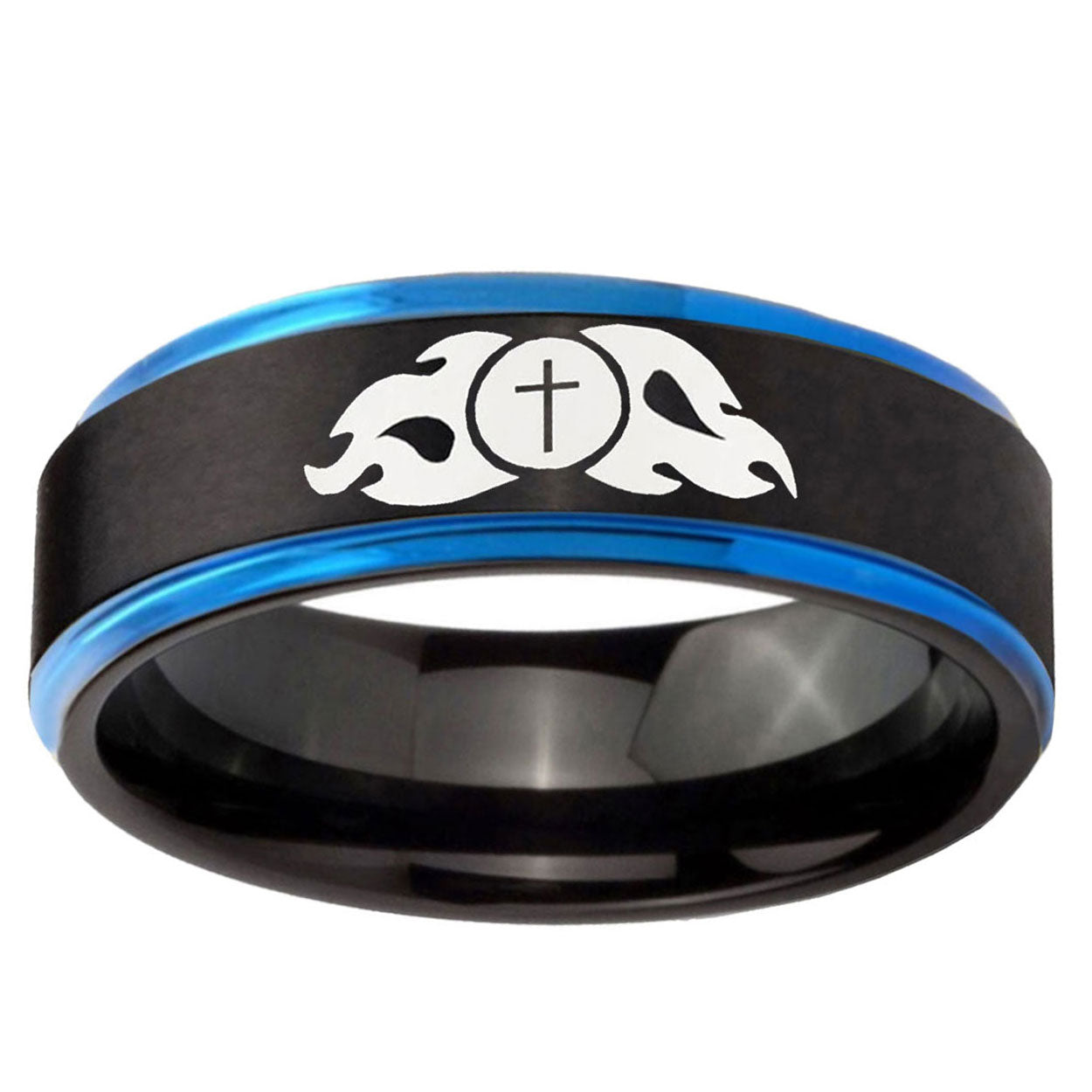 5mm Flamed Cross Blue Step Edge Black Tungsten Promise Ring