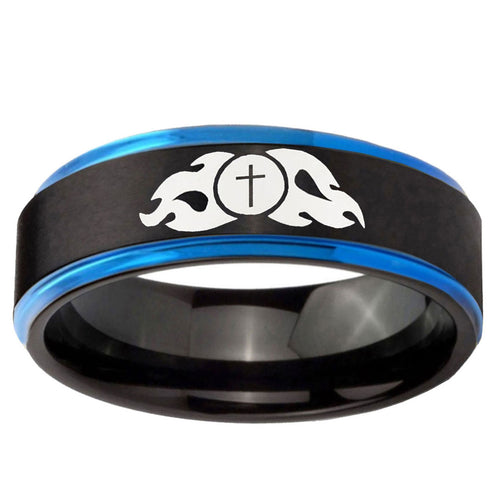 5mm Flamed Cross Blue Step Edge Black Tungsten Promise Ring