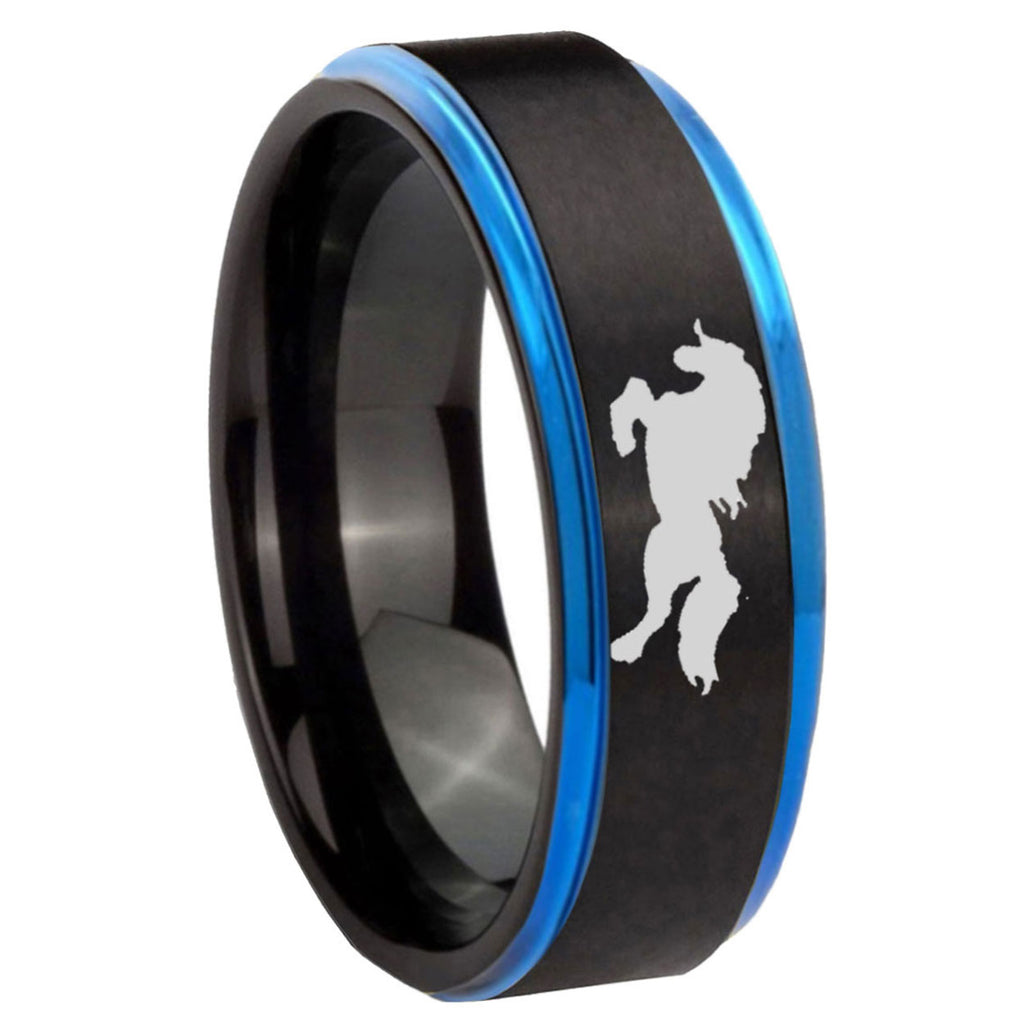 8mm Horse Blue Step Edge Black Tungsten Wedding Bands Ring