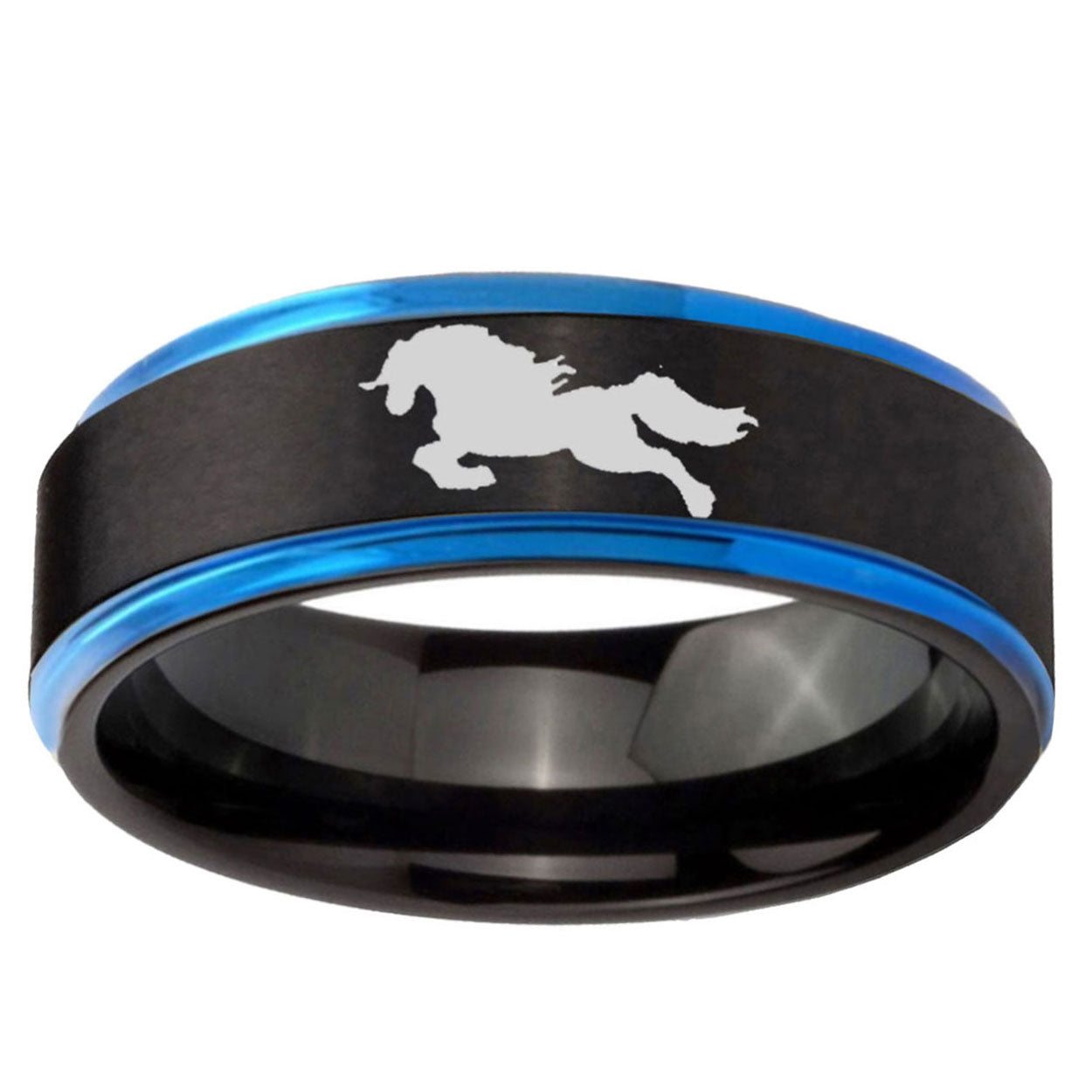 5mm Horse Blue Step Edge Black Tungsten Wedding Bands Ring