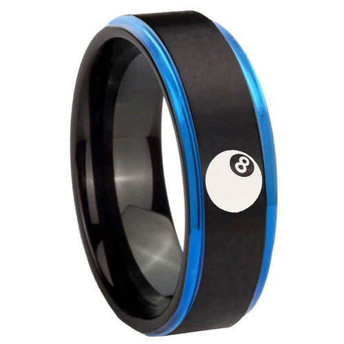 8mm 8 Ball Blue Step Edge Black Tungsten Engraved Ring