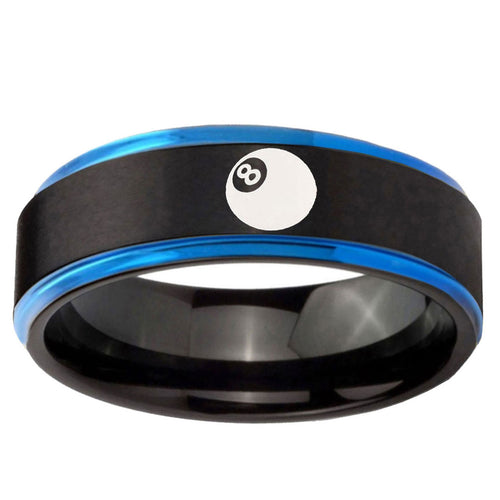 5mm 8 Ball Blue Step Edge Black Tungsten Engraved Ring