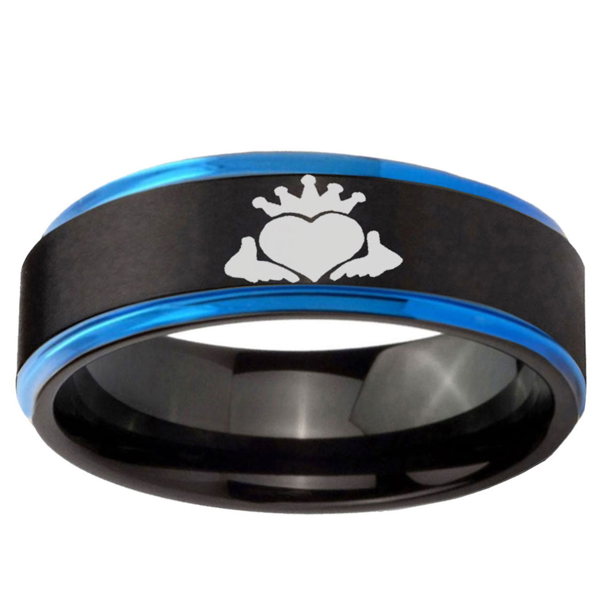 5mm Claddagh Design Blue Step Edge Black Tungsten Ring