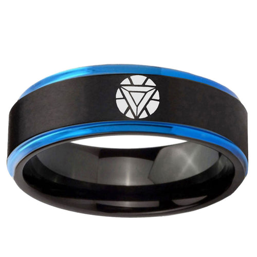5mm Iron Man Art Reactor Blue Step Edge Black Tungsten Ring