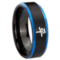 8mm Kanji Peace Blue Step Edge Black Tungsten Ring for Men