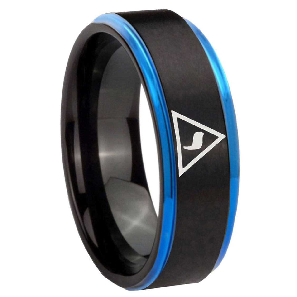 8mm Masonic Yod Blue Step Edge Black Tungsten Promised Band