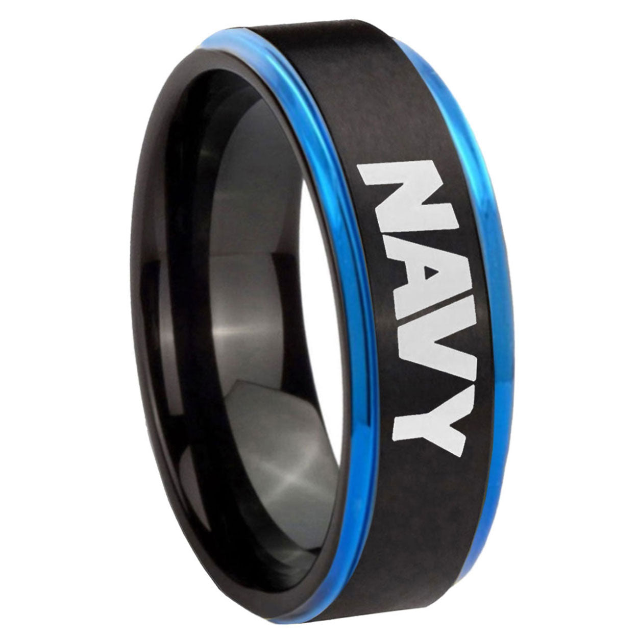 8mm Navy Blue Step Edge Black Tungsten Men's Wedding Band