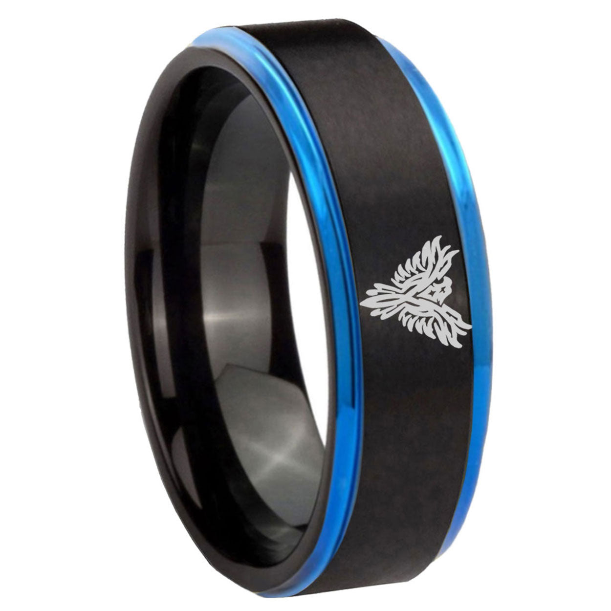 8mm Phoenix Blue Step Edge Black Tungsten Carbide Men's Ring