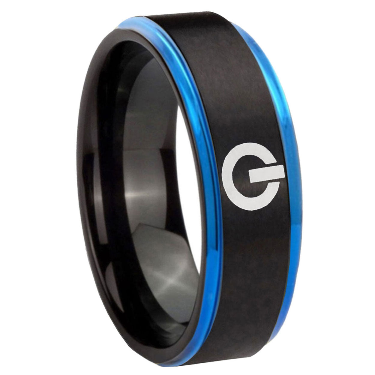 8mm Power Blue Step Edge Black Tungsten Mens Ring Engraved