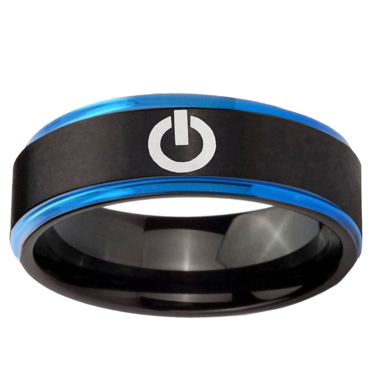 5mm Power Blue Step Edge Black Tungsten Mens Ring Engraved