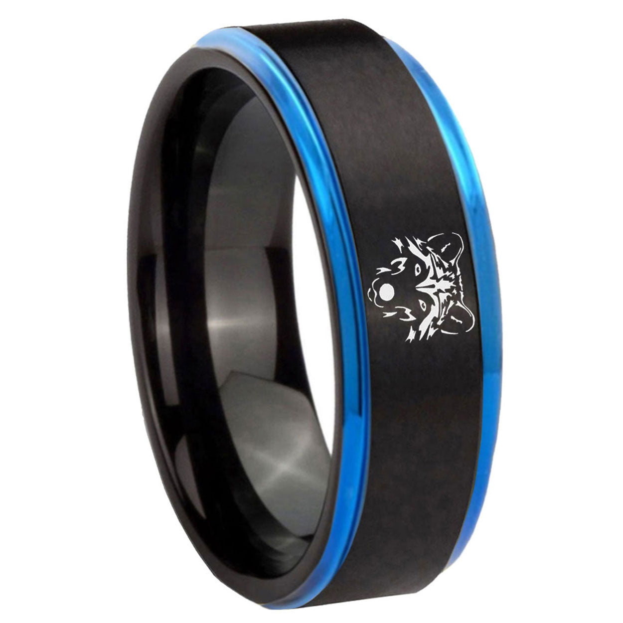 8mm Wolf Blue Step Edge Black Tungsten Carbide Bands Ring