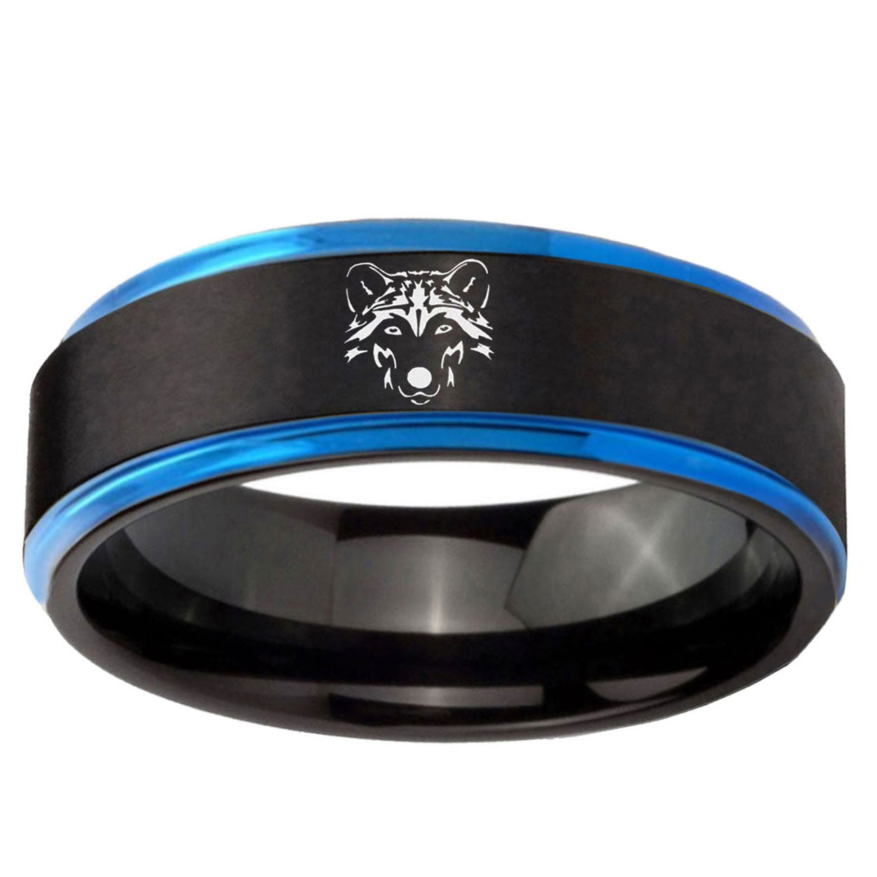 5mm Wolf Blue Step Edge Black Tungsten Carbide Bands Ring