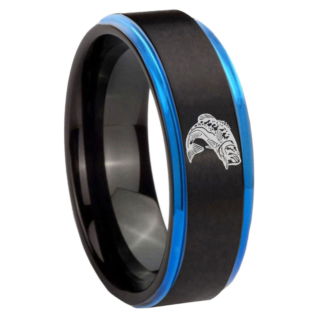 8mm Fishing Blue Step Edge Black Tungsten Promised Ring