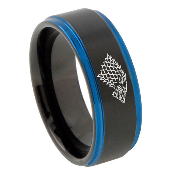 10mm-Game-Of-Thrones-House-Stark-Direwolf-Blue-Step-Edges-Brushed-Tungsten-Carbide-Mens-Promise-Ring
