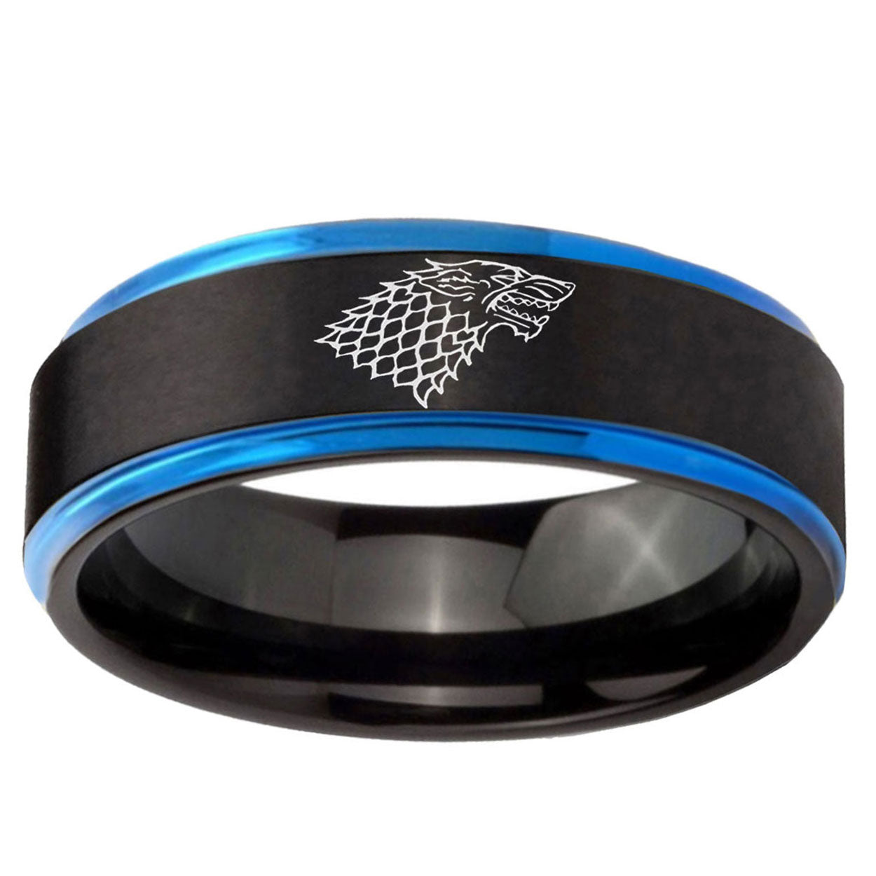 10mm Game Of Thrones House Stark Direwolf Blue Step Edge Brushed Tungsten Ring