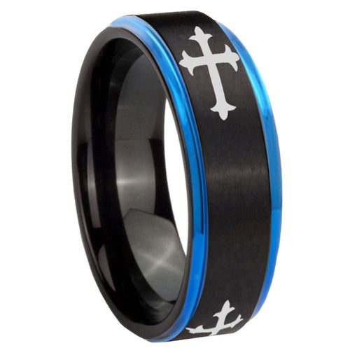 8mm Christian Cross Religious Blue Step Edge Black Tungsten Ring