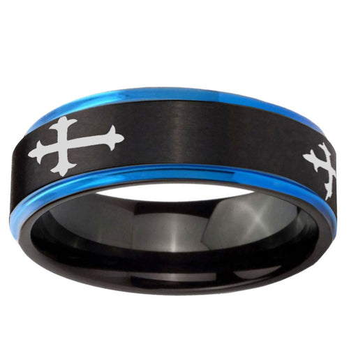 5mm Christian Cross Religious Blue Step Edge Black Tungsten Ring