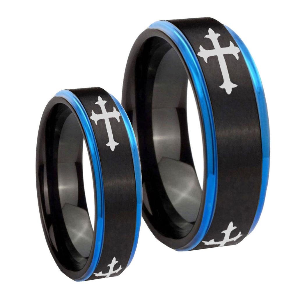 Christian Cross Religious Blue Step Edges Tungsten His Hers Ring Set