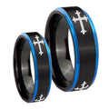 Christian Cross Religious Blue Step Edges Tungsten His Hers Ring Set