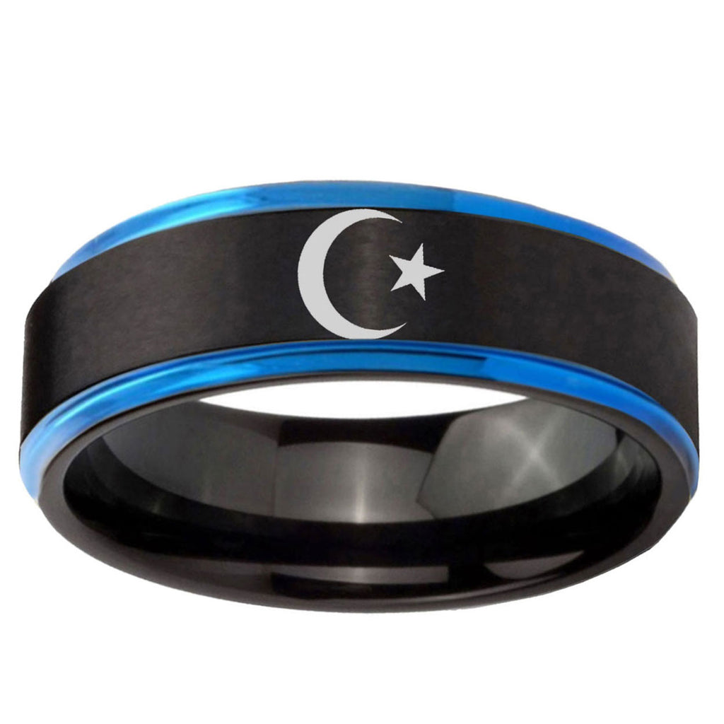 10mm Crescent Moon Stars Blue Step Edge Brushed Tungsten Ring