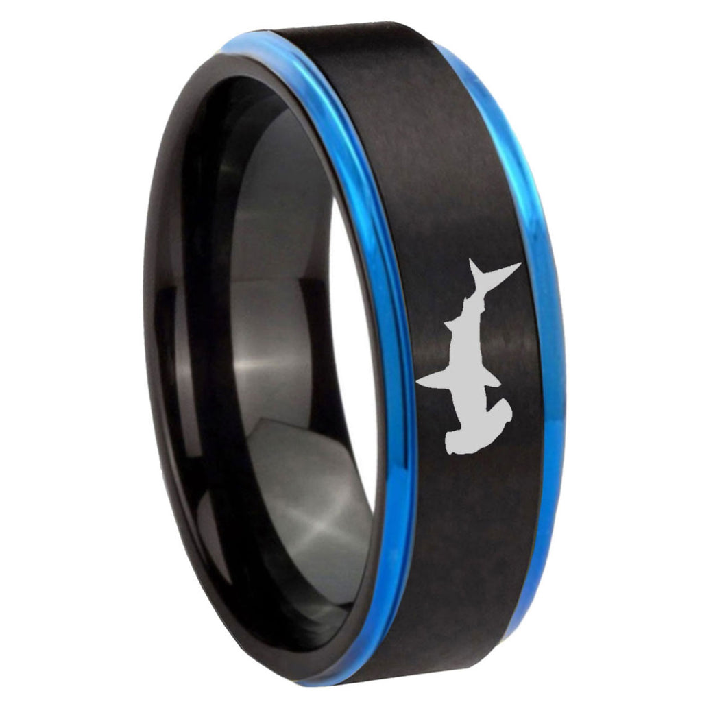 10mm Hammerhead Shark Blue Step Edges Brushed Tungsten Carbide Mens Promise Ring