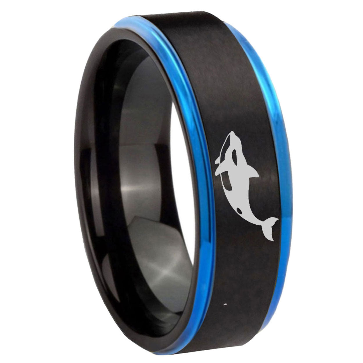 10mm Keller Whale Blue Step Edges Brushed Tungsten Carbide Mens Promise Ring