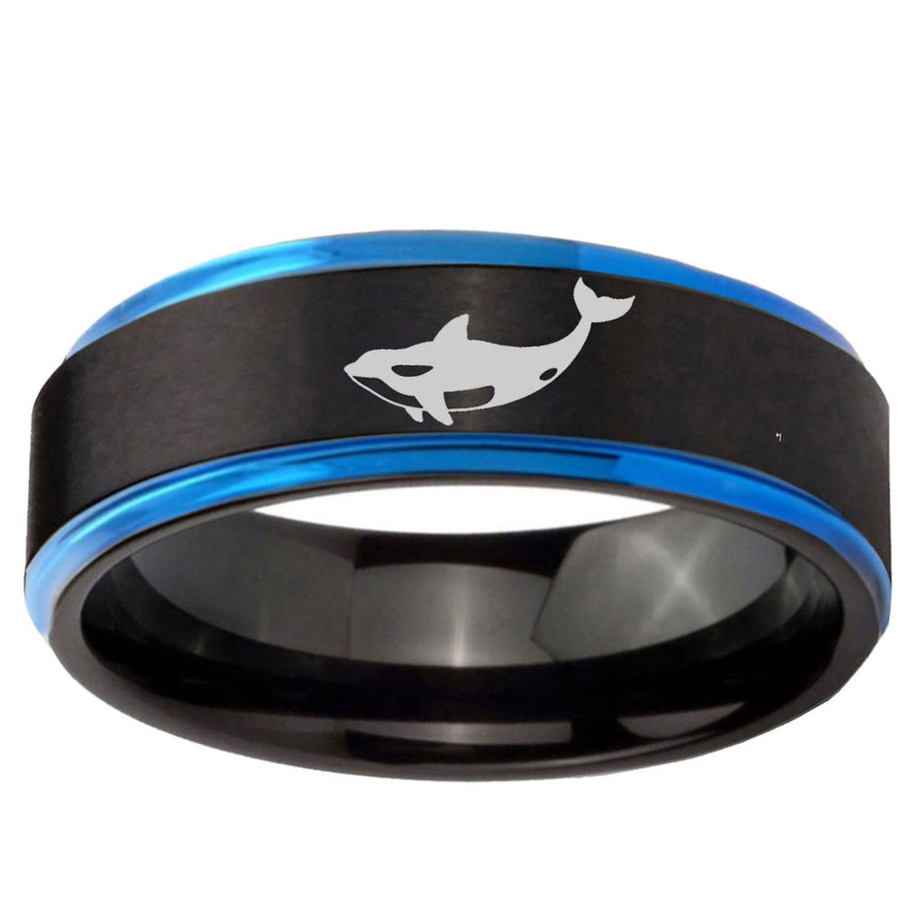 10mm Keller Whale Blue Step Edge Brushed Tungsten Ring