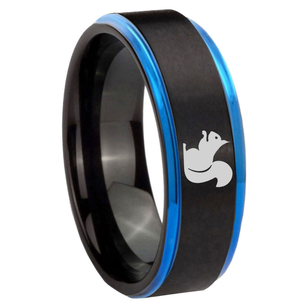 8mm Squirrel Blue Step Edge Black Tungsten Carbide Ring