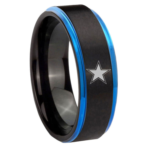 8mm Cowboys Star Blue Step Edge Black Tungsten Men's Ring