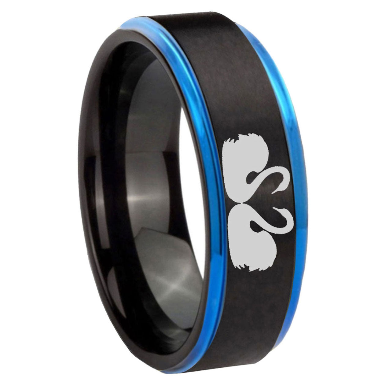 10mm Swans Design Blue Step Edges Brushed Tungsten Carbide Mens Promise Ring