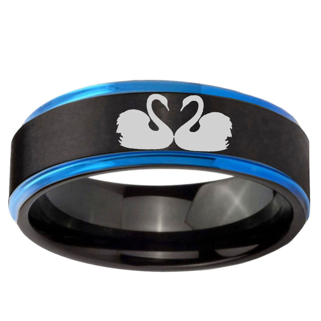10mm Swans Design Blue Step Edge Brushed Tungsten Ring