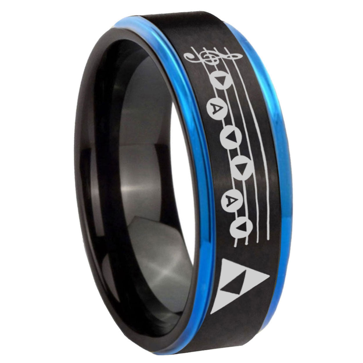 8mm Ocarina Songs Zelda Blue Step Edge Black Tungsten Ring