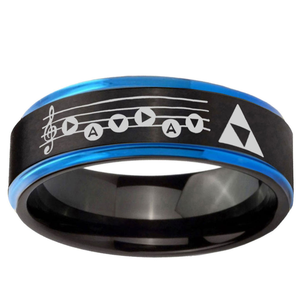 5mm Ocarina Songs Zelda Blue Step Edge Black Tungsten Ring
