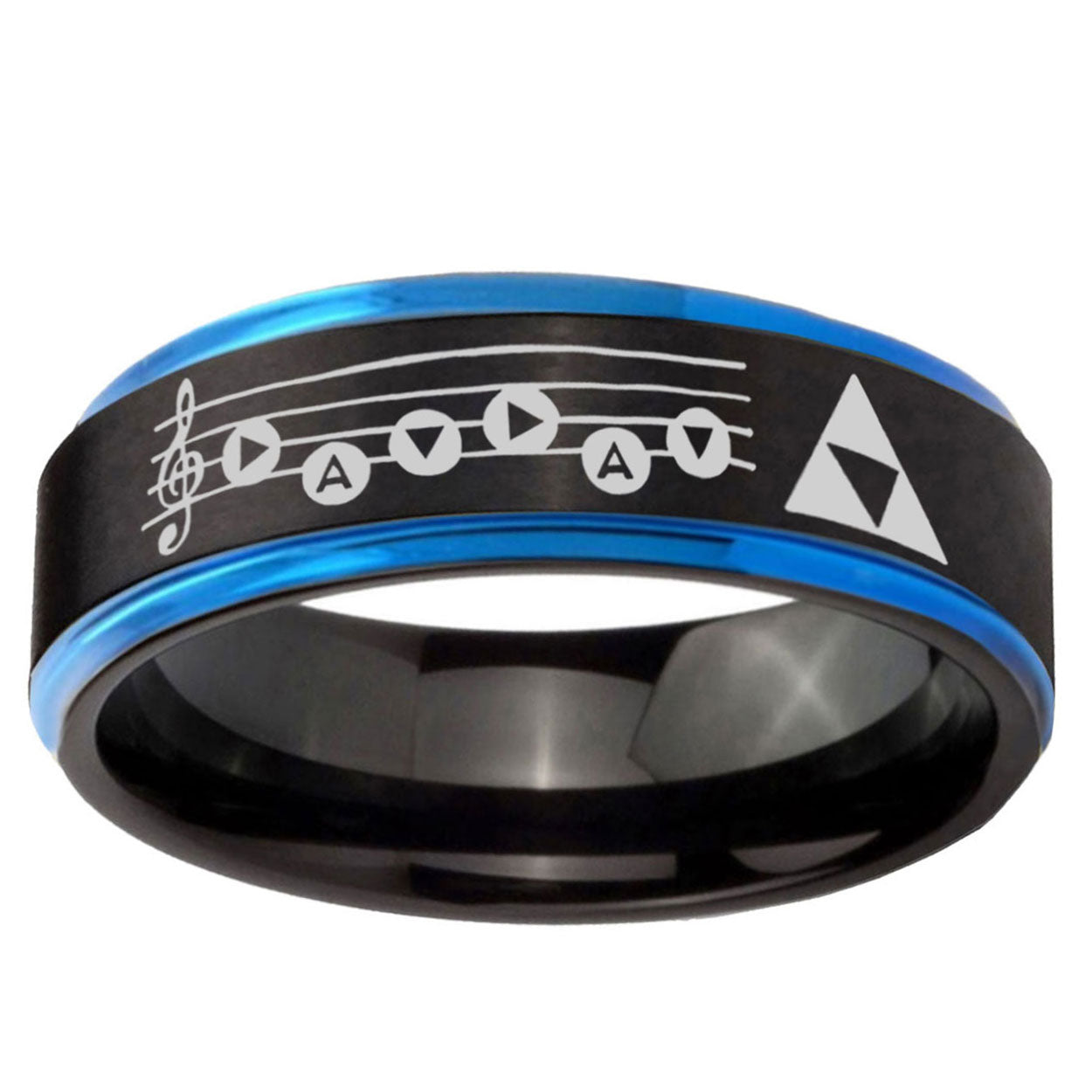 5mm Ocarina Songs Zelda Blue Step Edge Black Tungsten Ring