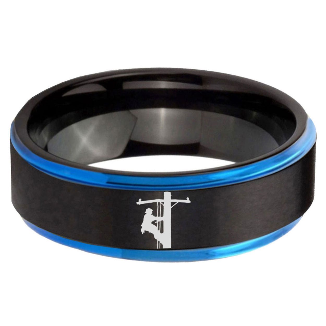 5mm Lineman Symbol Blue Step Edge Black Tungsten Ring